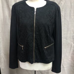 Kate & Mallory  sz L Suede style Jacket Cut Out Pockets Long Sleeve Eyelet Blk